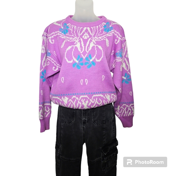 SGS Vintage 90's Ski Lilac & Teal Jaquard Print Crew Neck Woolblend Sweater Sz M - Picture 1 of 6